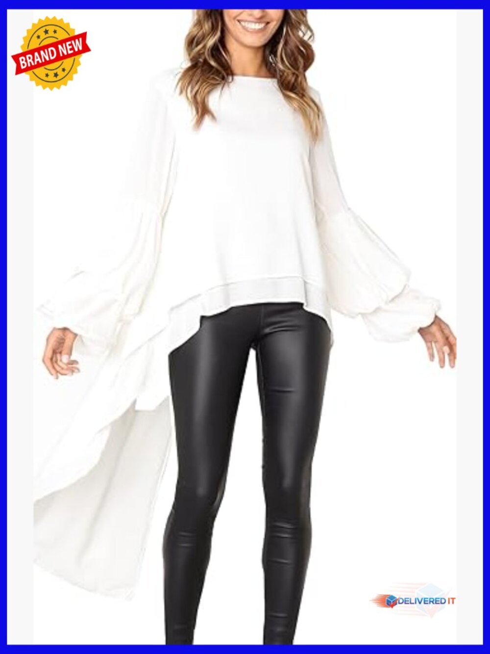 Lantern Long Sleeve High Low Asymmetrical Hem Casual Blouse Shirt Dress Top